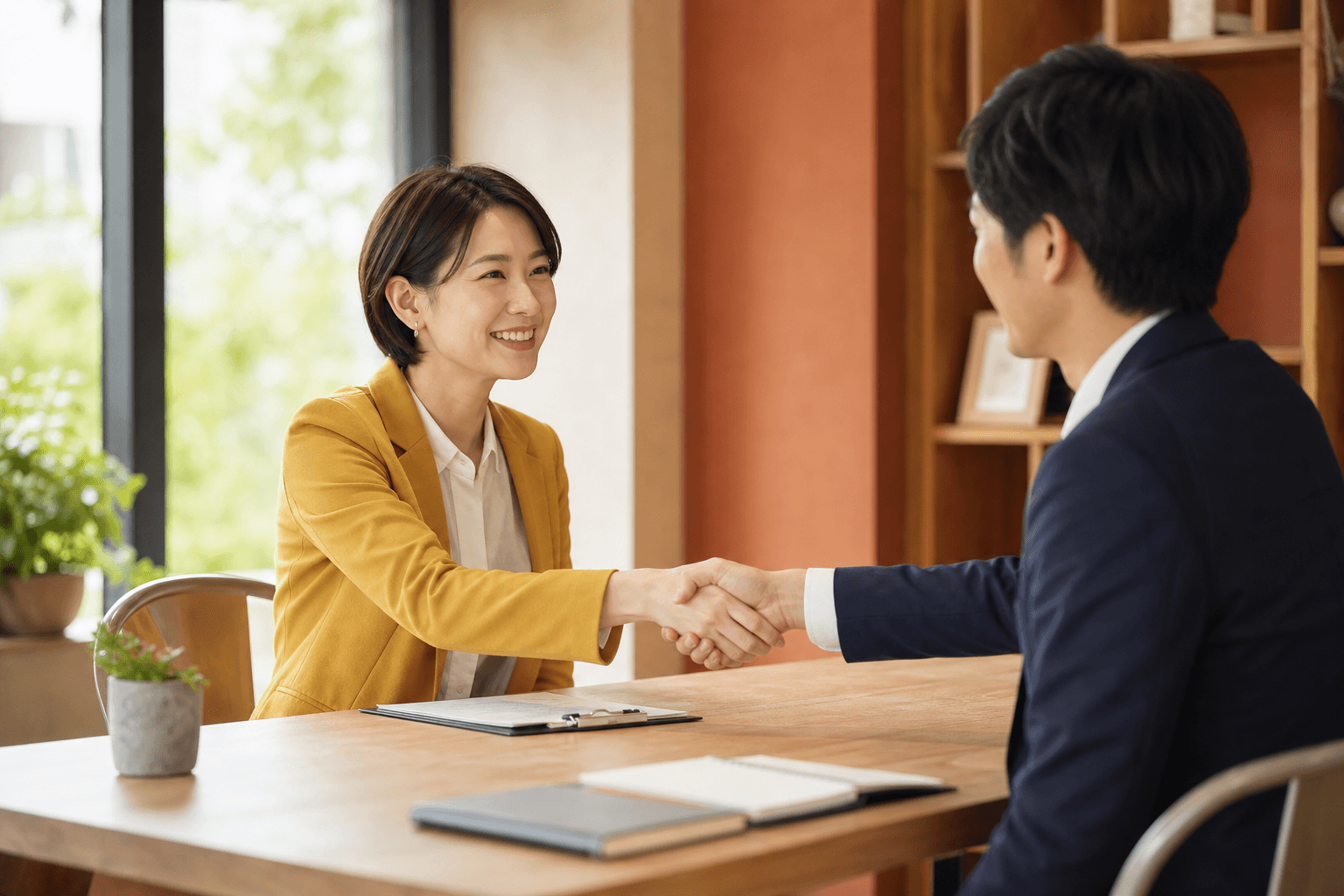 採用面接後に握手を交わす様子